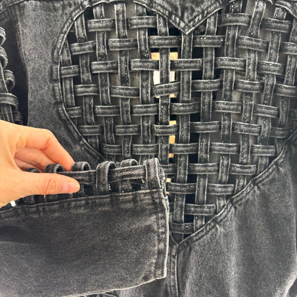 Chic Black Woven Heart Jean Jacket - Picture 6 of 6